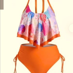 Rosegal tankini with halter flounce top hi-waist tie bottoms